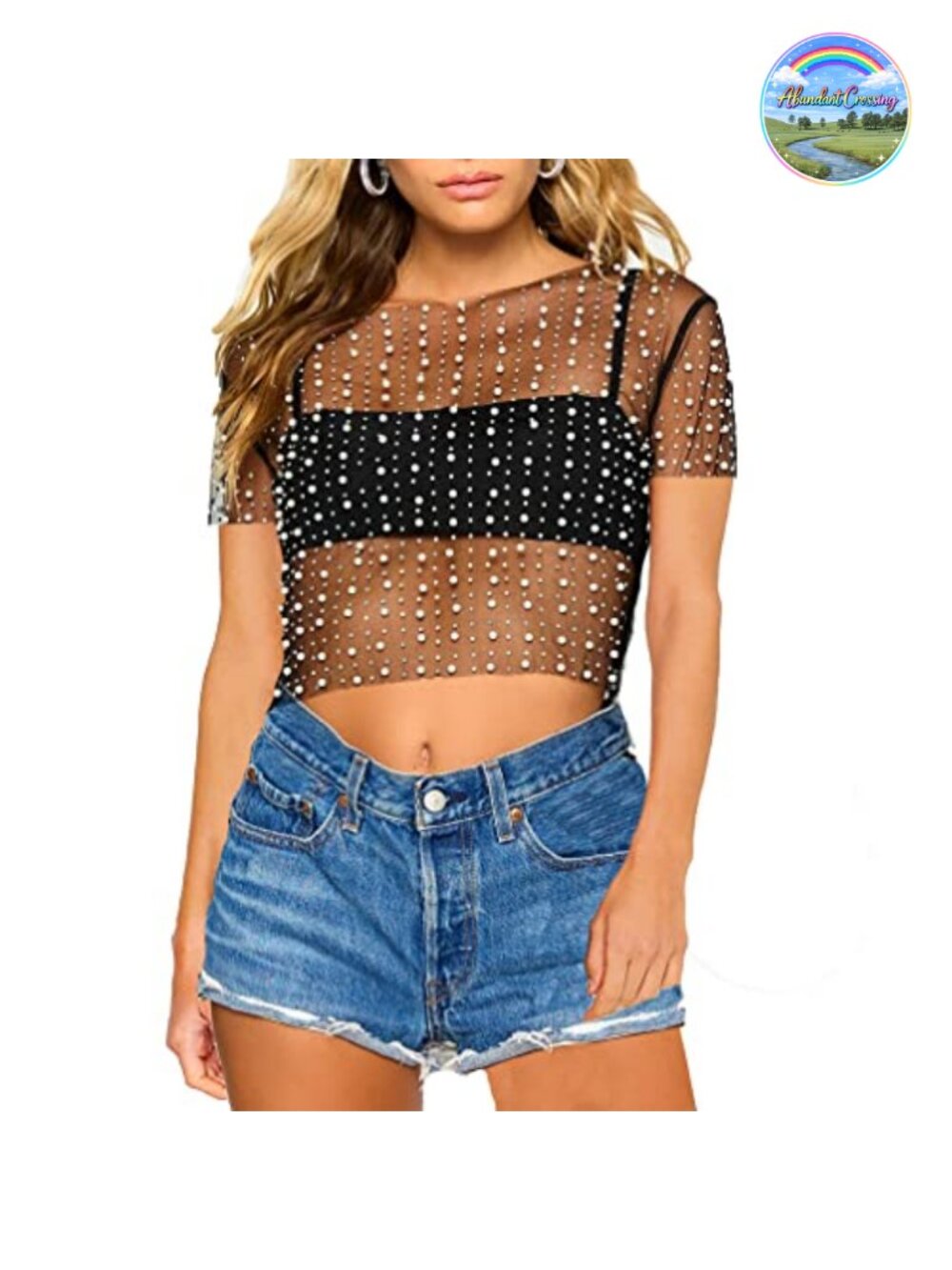 Women Sheer Mesh Pearl Rhinestone Beaded Crop Top Short Sleeve Slim Fit See